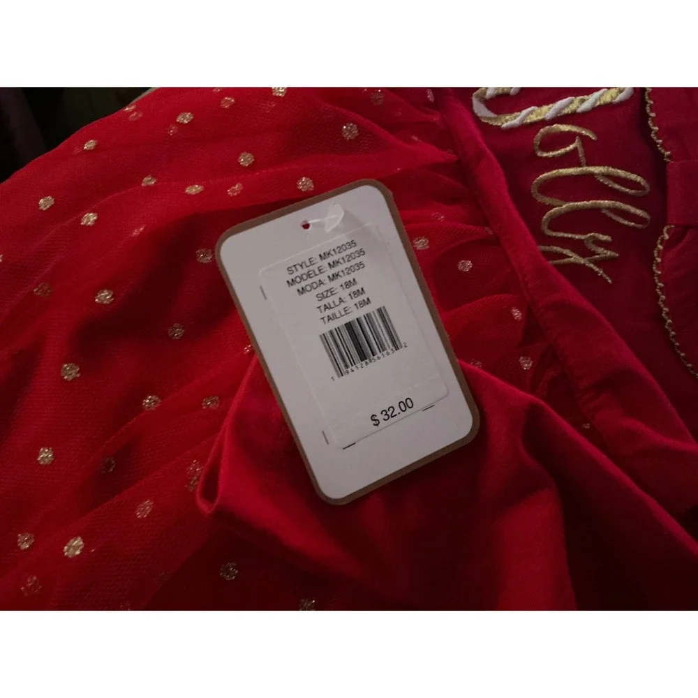 NWT 18 mos Magical Kids Baby Girl Red Jolly Christmas Tulle Dress Gold Polka Dot